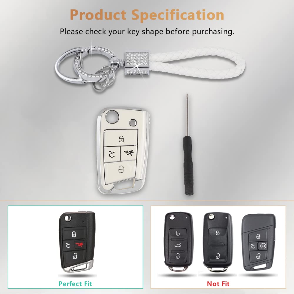 Pifoog For Volkswagen Vw Key Fob Cover Tiguan Golf Gti Altas Jetta Accessories 4 Button Soft Tpu Car Keys Case Protector Bling Keychain Landyard Girly White Silver