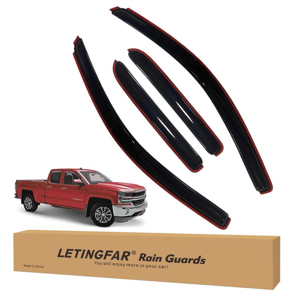 in-Channel Rain Guards for Chevy Silverado/GMC Sierra 1500 2014-2018 Double Cab, Side Window Deflectors, Window Visors for Silve