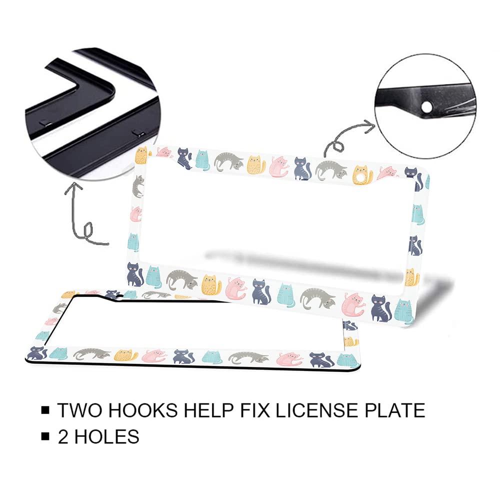 HOSNYE Cute Colorful Cartoon Cats License Plate Frame Casual Sport Cat Metal 2 Pcs 2 Holes Black Licenses Plates Frames Front Li