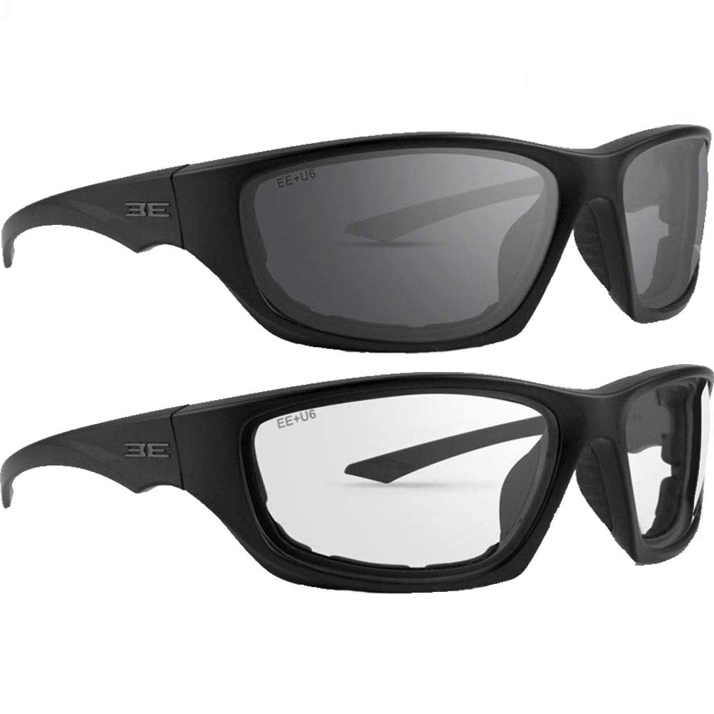 2 Pair Epoch Foam-3 Padded Motorcycle Sunglasses Black Frames 1 With Smoke Lens, 1 With Clear Lens