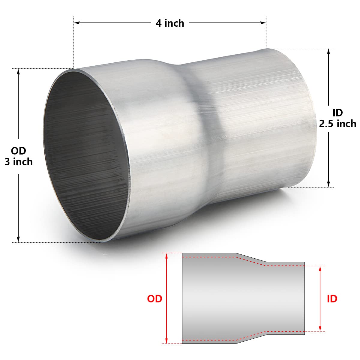 A-Karck Exhaust Adapter Connector 2.5'' Id To 3'' Od, Exhaust Pipe Reducer 304 Stainless Steel, 4'' Overall Length