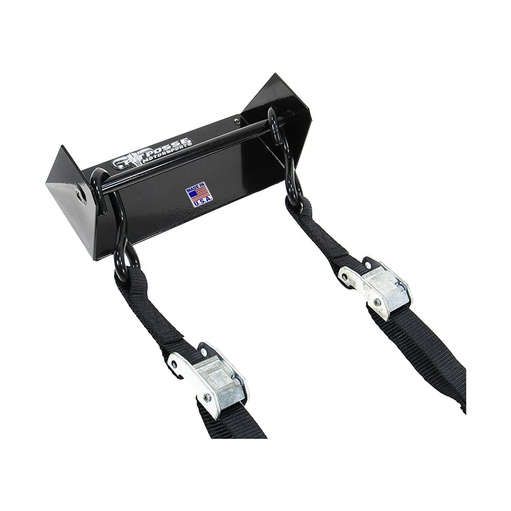Pit Posse 442BK Ratchet Strap Tie Down Hangers Garage Trailer Storage Organizers -Set of 2 -Made in USA- Powder Coated Black Aluminum Junior Rack Holder-Race Car Enclosed Trailer