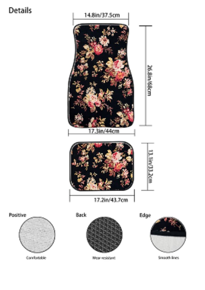 FUIBENG Art Flowers Pattern Car Floor Mats Front Rear Premium Carpets Mat, Set of 4 Floral Auto Foot Mats Universal Fit Vehicles