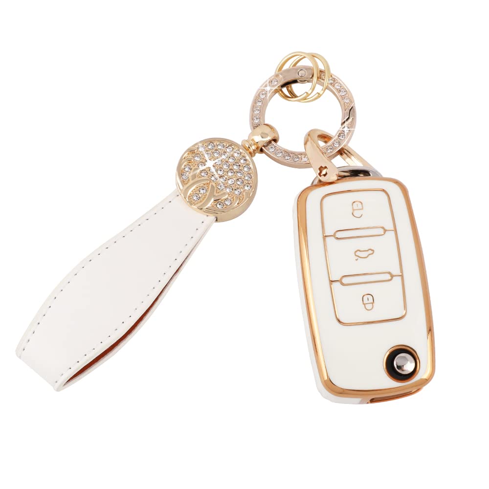 Pifoog Key Fob Cover For Vw Volkswagen White Gold Keys Case Shell Protecor Tpu Keychain Fit Volkswagen Passat Beetle Golf Gti Jetta Tiguan Accessories Girly Cute