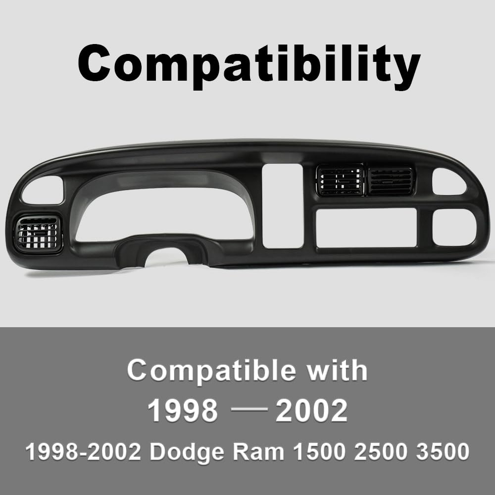 Pit66 Dash Board Bezel Cover Compatible With 1998 1999 2000 2001 2002 Dodge Ram 1500 2500 3500 Instrument Panel Cover W/Vents