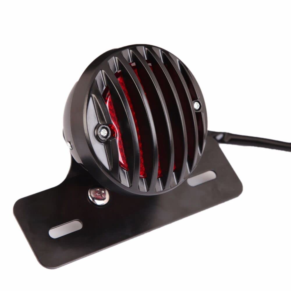 Tebocr Motorcycle Black Grille Ribbed Round Led Tail Brake Light Red Lens For Integrated License Plate Lamp Fit Bobber Chopper C