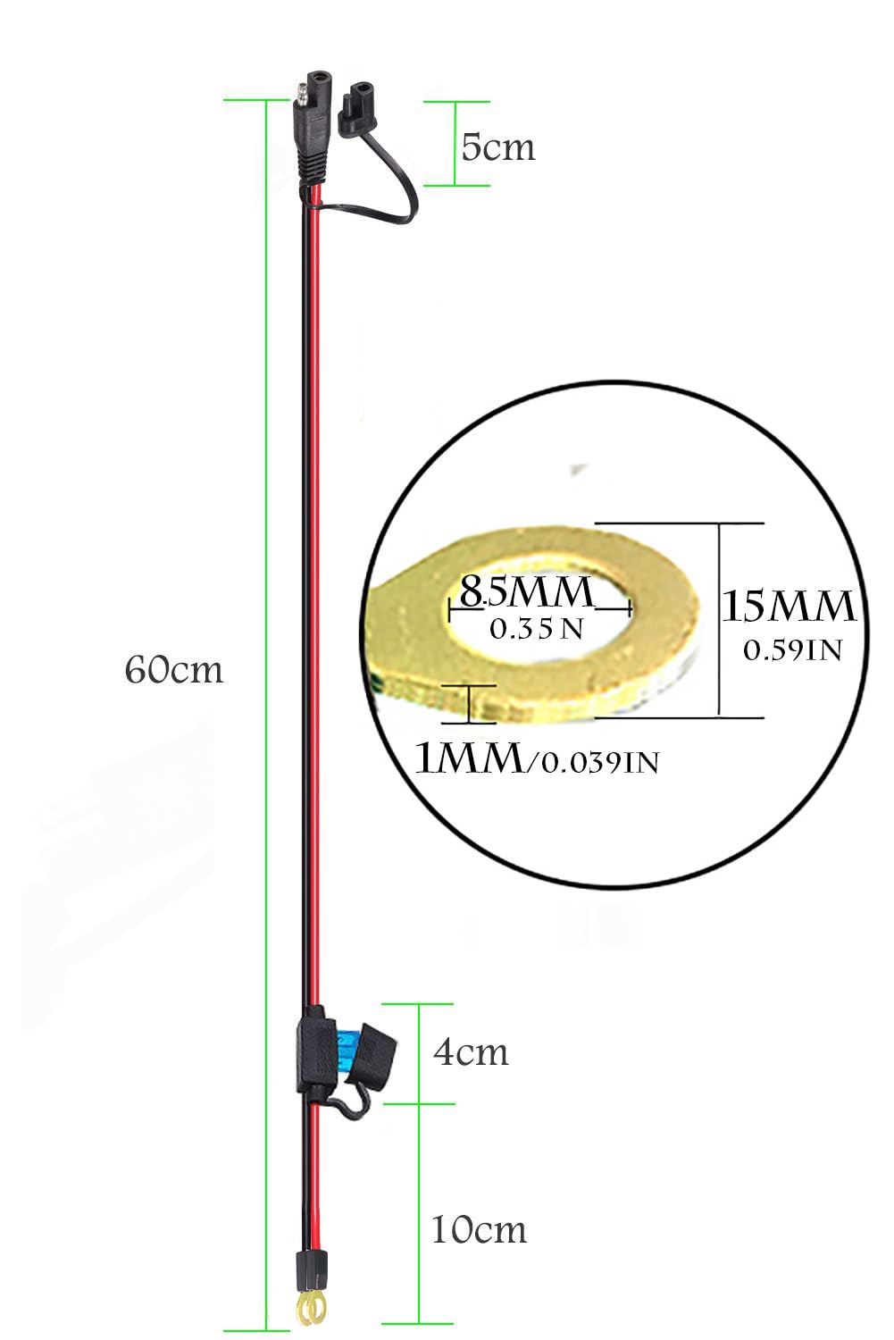 Yetor Sae Connector,Sae To O Ring Terminal Harness With 15A Protection Fuse For Safety, 2-Pin Quick Disconnect Plug,Sae Battery Extension Cable With 2Ft 10Awg For Motorcycle Cars. (60Cm)