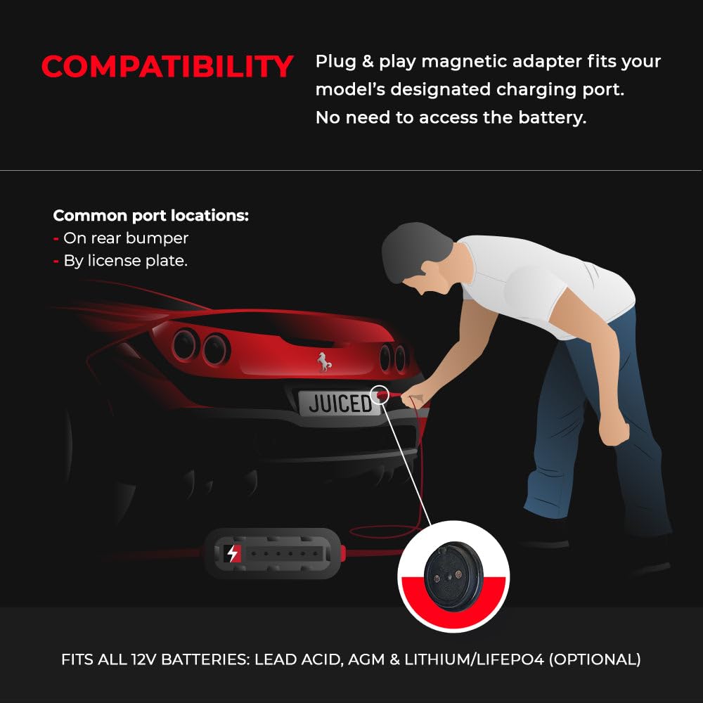 Jmr Battery Charger For Ferrari 488 F8 California T Portofino 812 Roma 296 Gtc4Lusso Ff F12 Purosangue 12Cilindri Trickle Charger Conditioner Maintainer (Magnetic Port, Add Lithium Mode)