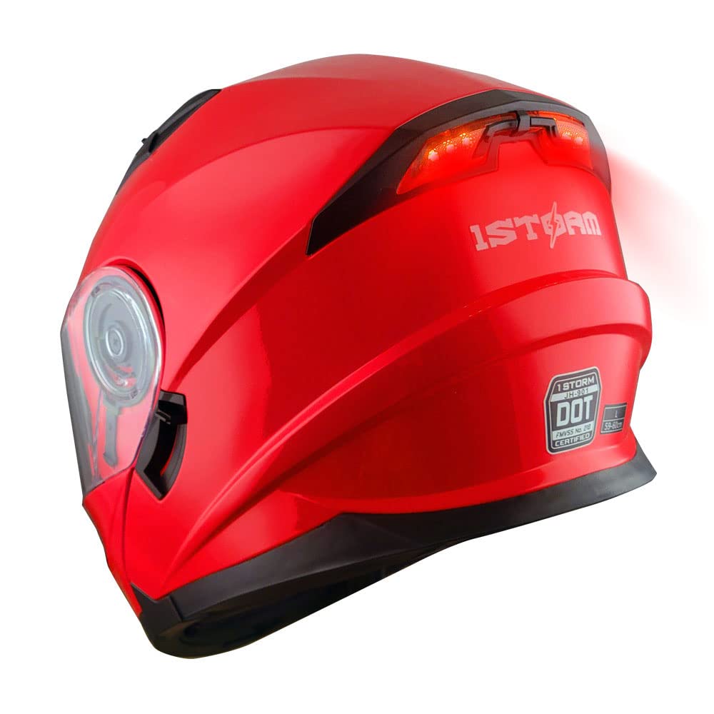 1Storm New Motorcycle Bike Modular Full Face Helmet Dual Visor Sun Shield With Rechargeable Led Tail Light: Glossy Red