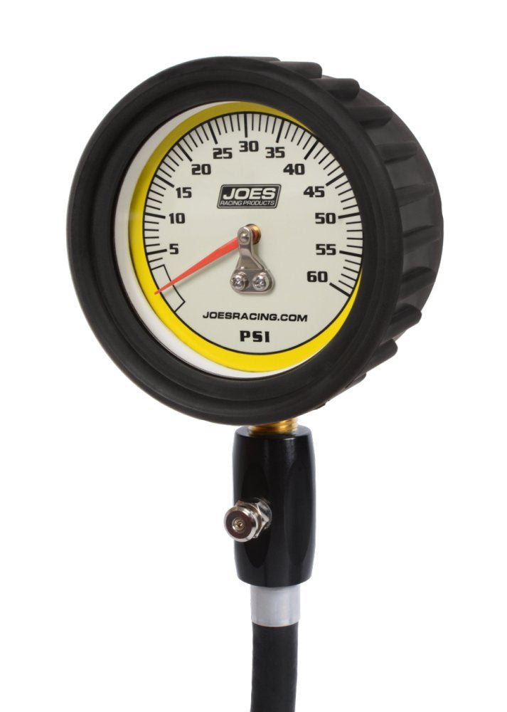 Joes Racing Products Tire Pressure Gauge, Pro Tire, Glow in The Dark, 0-60 psi, Analog, 2-1/2 in Diameter, White Face, 1 lb. Increments, Pressure Hold Valve, Each, Black (32327)