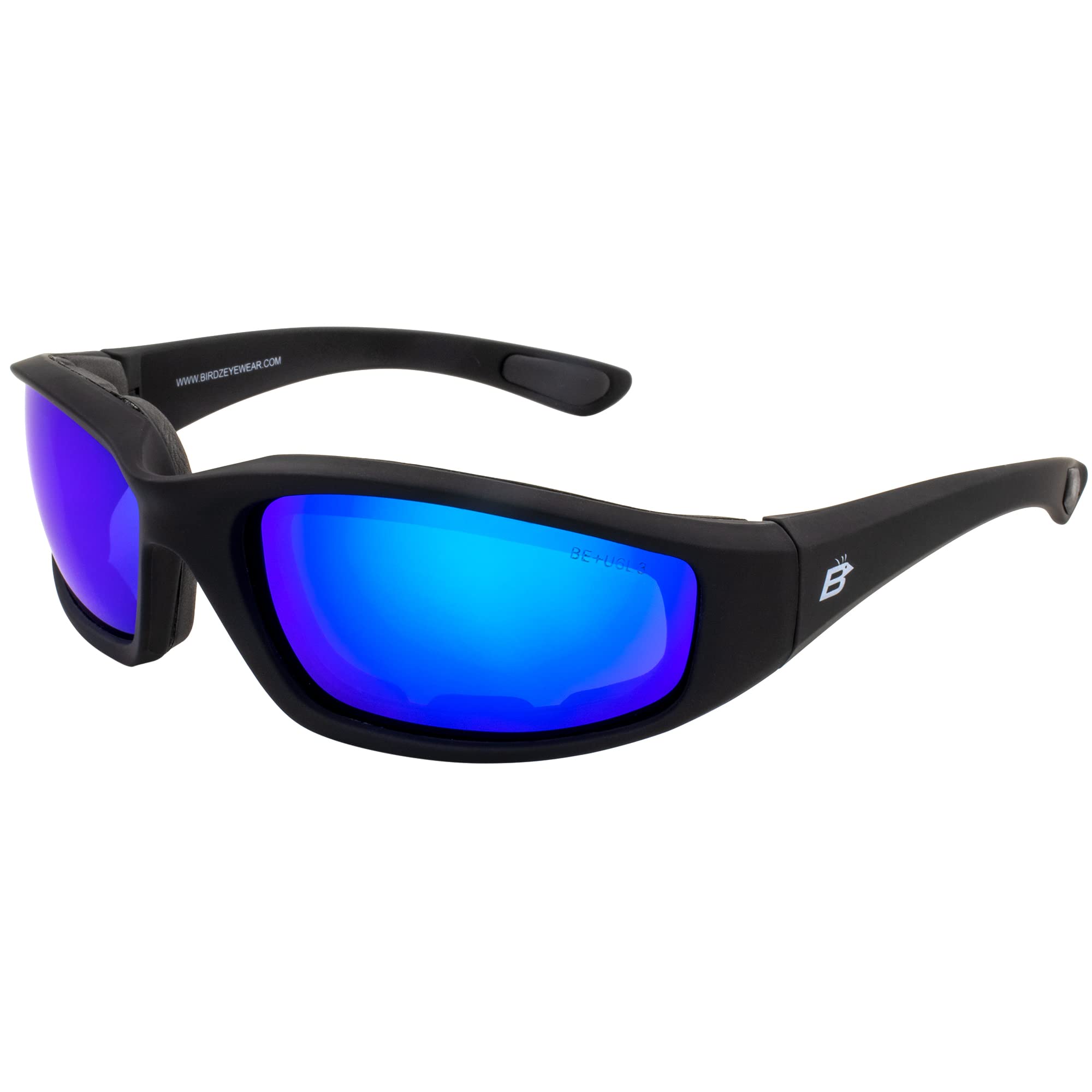 Birdz Eyewear Oriole Padded Motorcycle Riding Sunglasses Gloss Black Frame With Blue Mirror Lenses