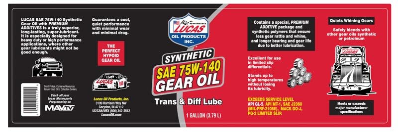 Lucas Oil 10122 Synthetic Sae 75W-140 Gear Oil - 1 Gallon (Pack Of 4)