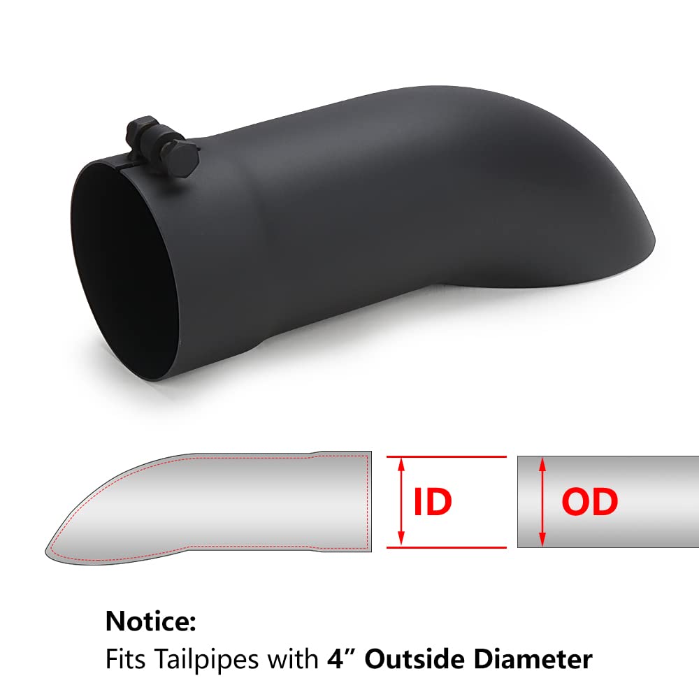 A-Karck Turn Down Exhaust Tip 4'' Inlet, Black Tailpipe Tip With 4'' Inlet & Outlet 12'' Overall Length, Stainless Steel Structu