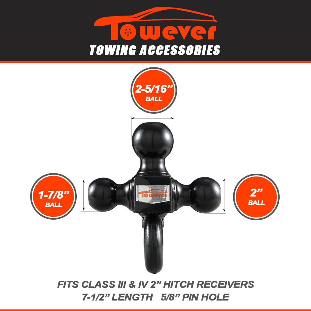 Towever 84181P Towever Class 3/4 Trailer Hitch 2 Inch Ball Hitch With Hook (Black, Hollow Shank), For Pickup Truck Hitch Receiver Pin And Clip Included