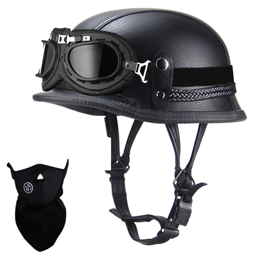 German Style Motorcycle Helmet, Retro Leather Motorcycle Half Helmet Skull Cap For Adult Men Women, Vintage Open Face Half Shell Helmet For Cruiser Scooter Chopper, Dot Approved (Black, Large)