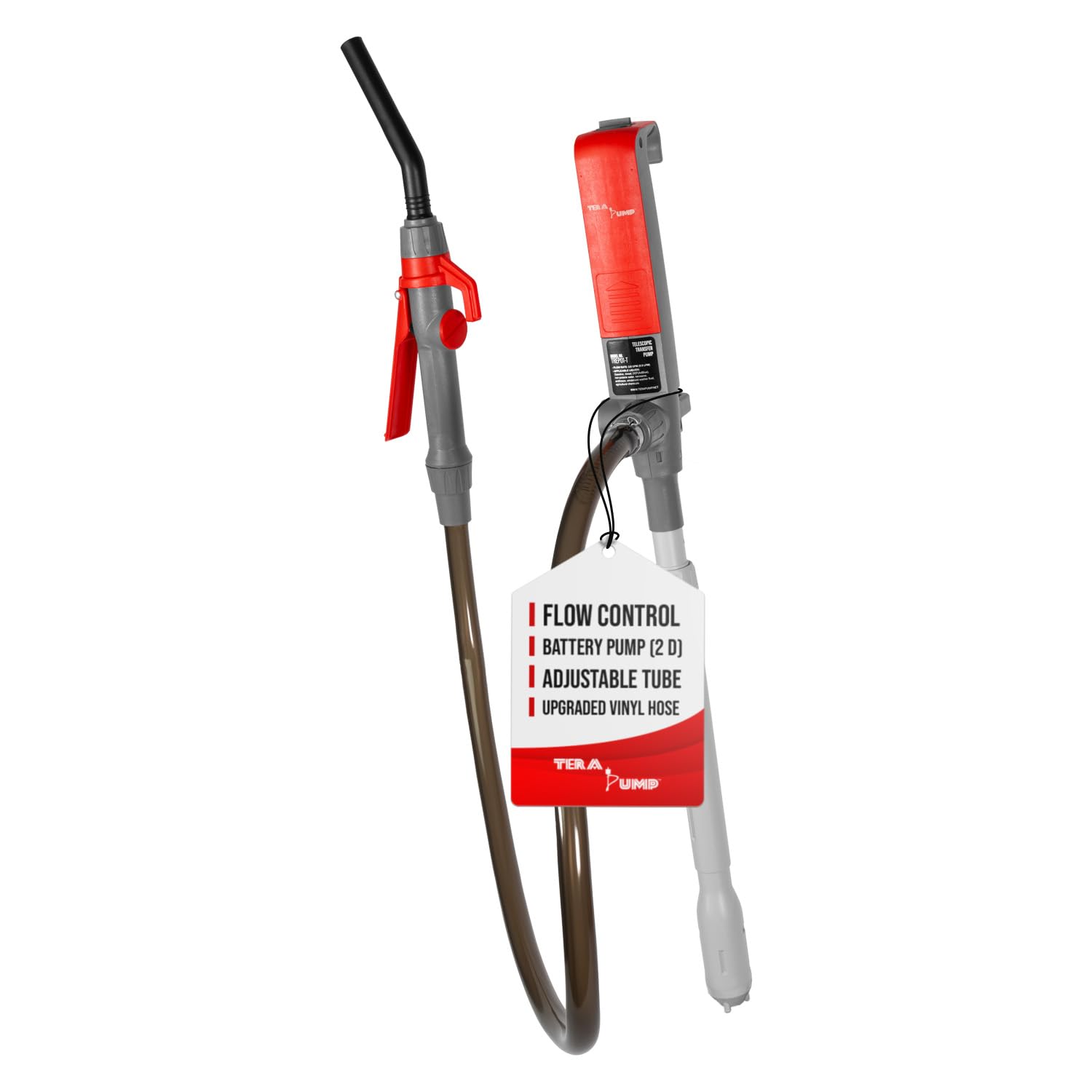 TERA PUMP Fuel Transfer Pump w/Quick Flow Control Nozzle & Telescopic Tube - 3X Powerful D Battery Powered, 39 Vinyl Discharge