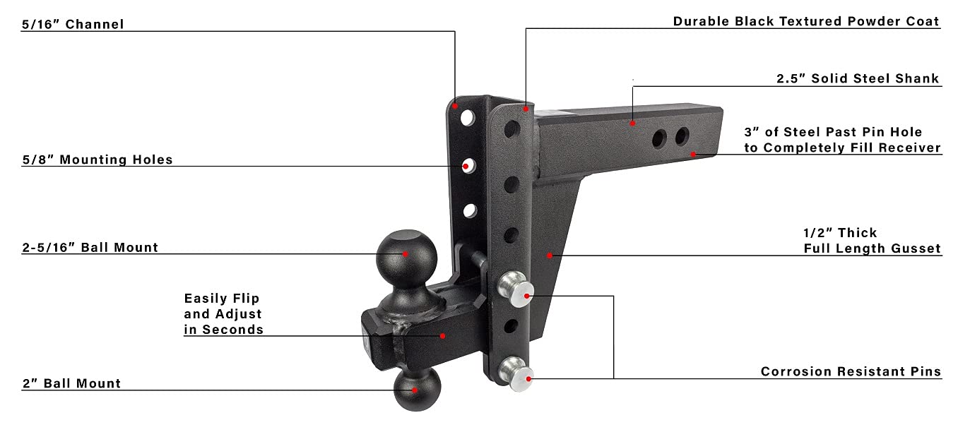 Bulletproof Hitches - 2.5' Adjustable Extreme Duty Trailer Hitch (36,000Lb. Rating) - 6' Drop/Rise With 2' And 2 5/16' Dual Ball - Powder Coat, Solid Steel, Corrosion-Resistant
