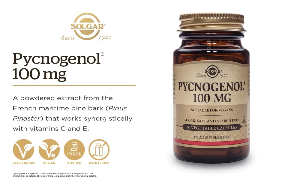 Solgar Pycnogenol 100 Mg, 30 Vegetable Capsules - Antioxidant Protection - Healthy Leg & Vein Support - Non-Gmo, Vegan, Gluten F