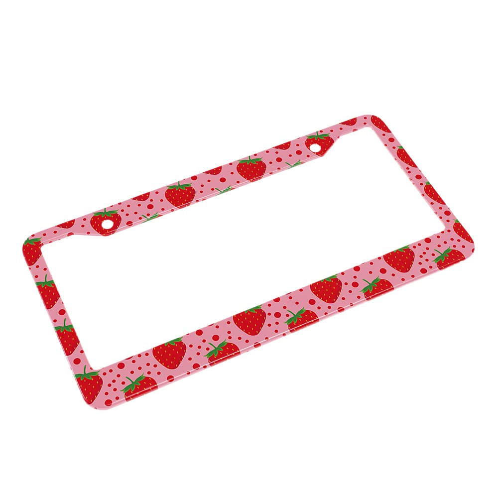 Beabes Cute Strawberry Pattern Fruit Pink License Plate Holder Polka Dots Red Frame License Plate Cover Car Accessories 2 Holes