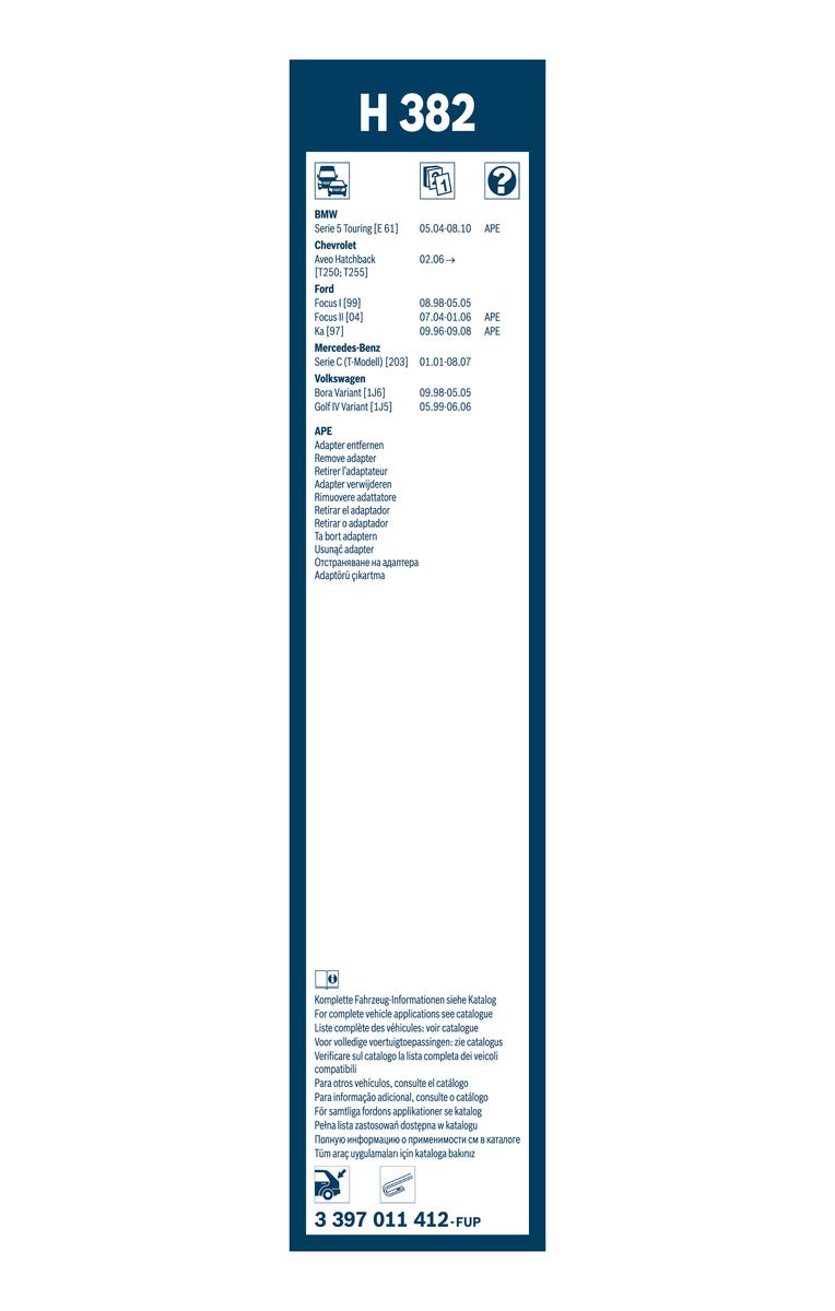 Bosch Rear Windscreen Wiper, H382, Length: 380 Mm, Rear Windscreen Wiper