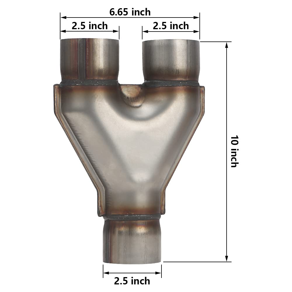 A-Karck Exhaust Y Pipe 2.5'' Inlet, Stainless Steel 10'' Long Dual 2.5'' Outlet Y Pipe Withstands High Temperatures(Wide-Body)