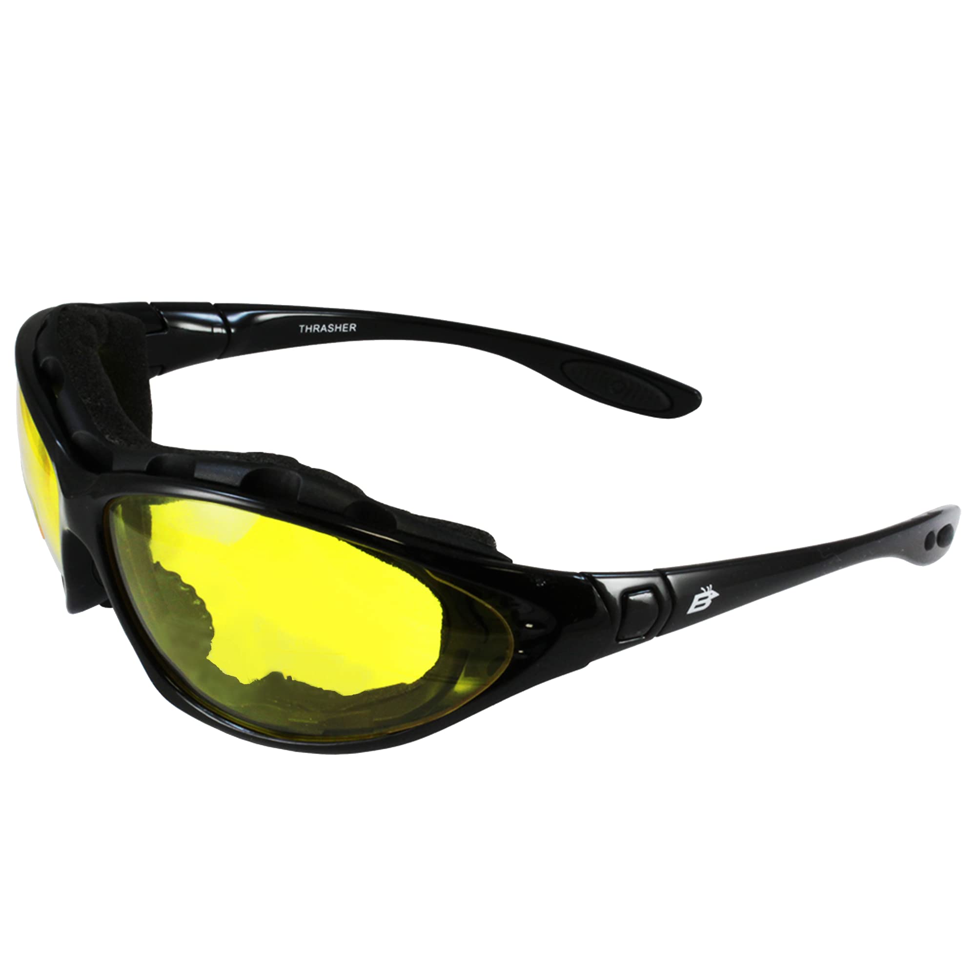 Birdz Eyewear Thrasher Padded Motorcycle Glasses-Convert-To-Goggles (Black Frame/Yellow Lens)