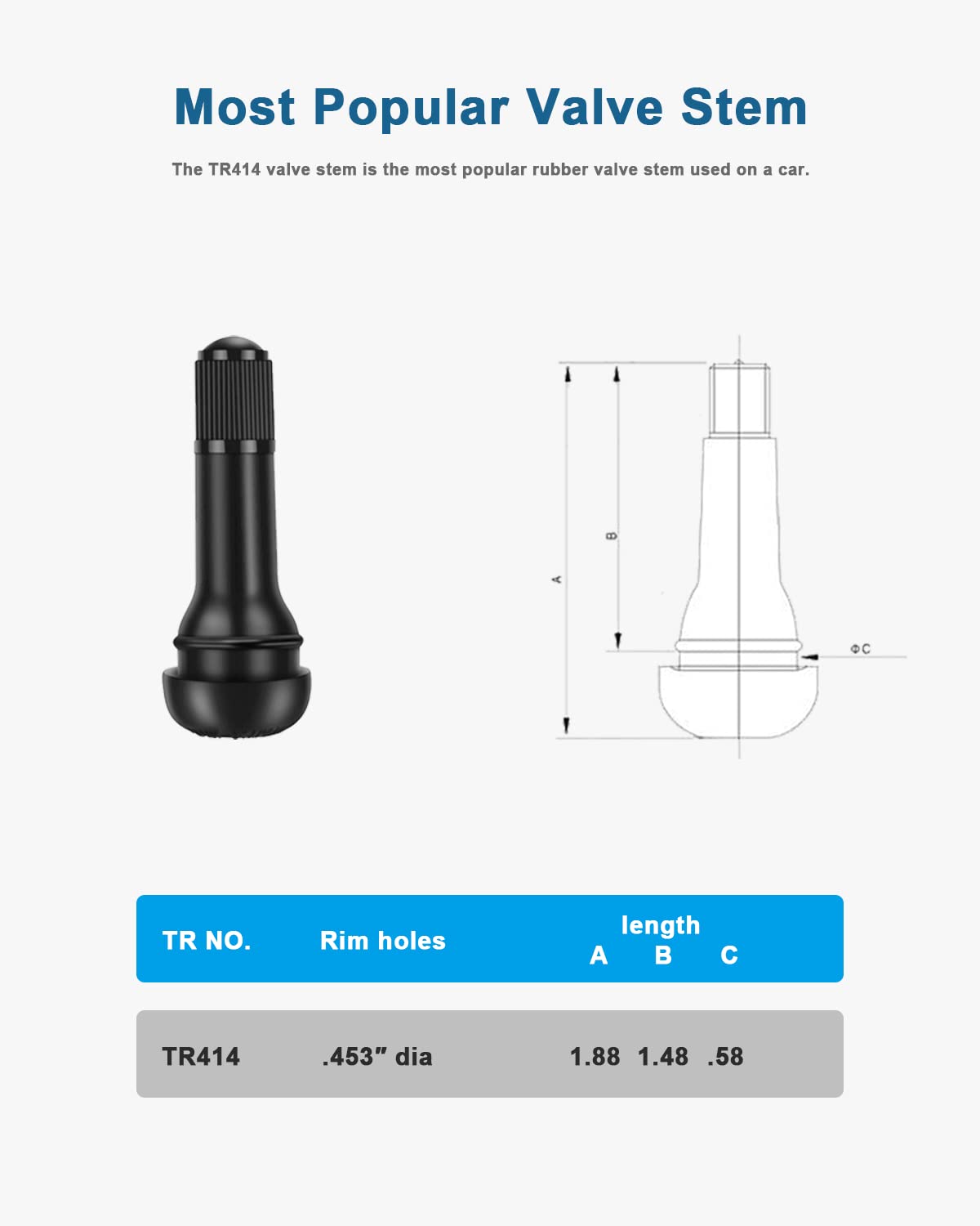 100Pcs Tr414 Tire Valve Stem Rubber Snap-In Valves, Tubeless Valve Stems Suit For 0.453 Inch Rim Holes On Standard Vehicle Tires