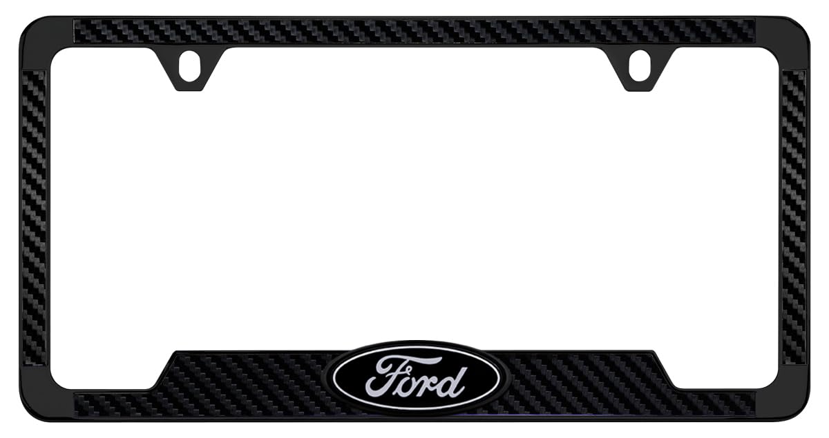 Black Carbon Fiber Vinyl Inlay License Frame with Black & Grey 3D Ford Oval Blackout Emblem