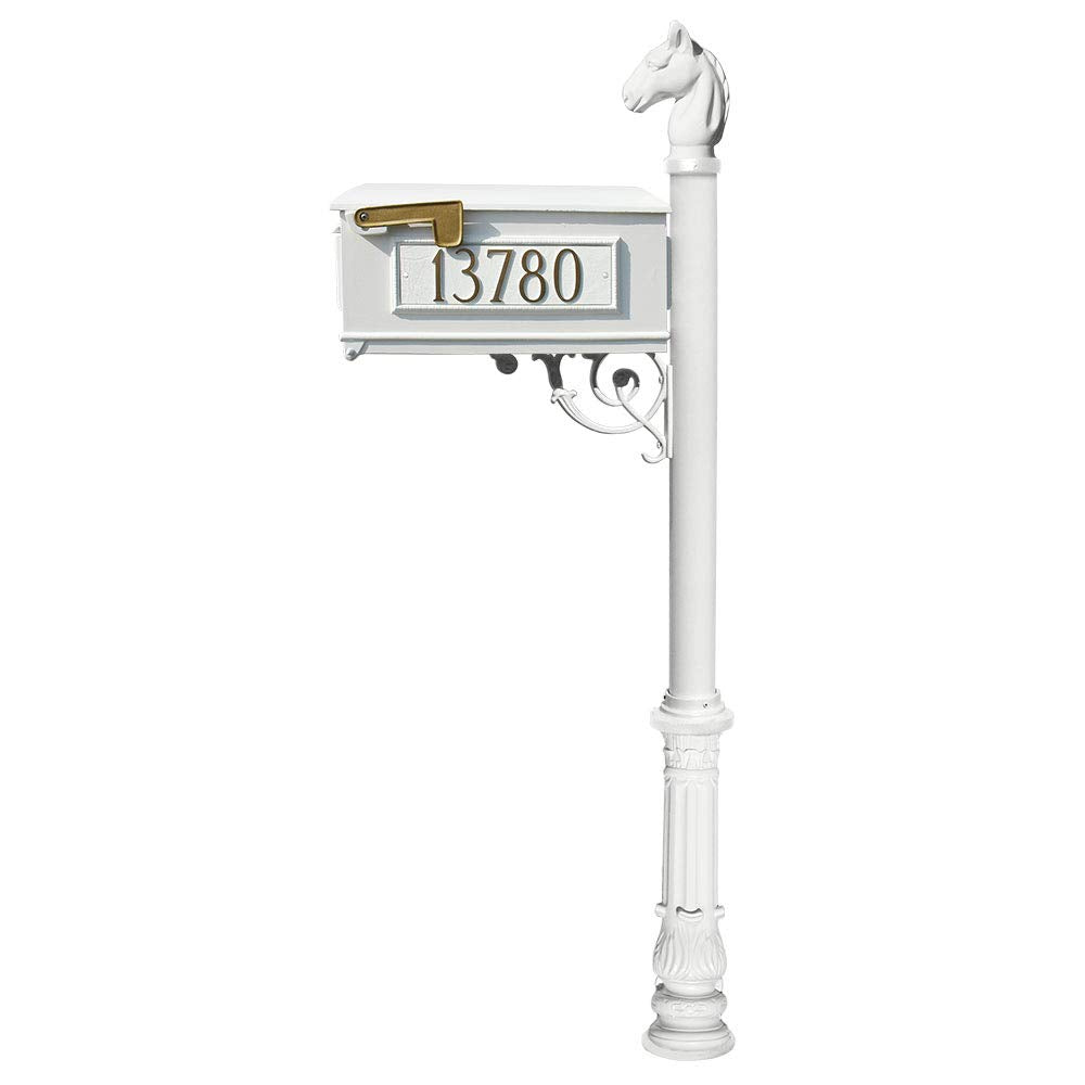 QualArc Equine Mailbox with Address Plate Ornate Base and Post, WHITE