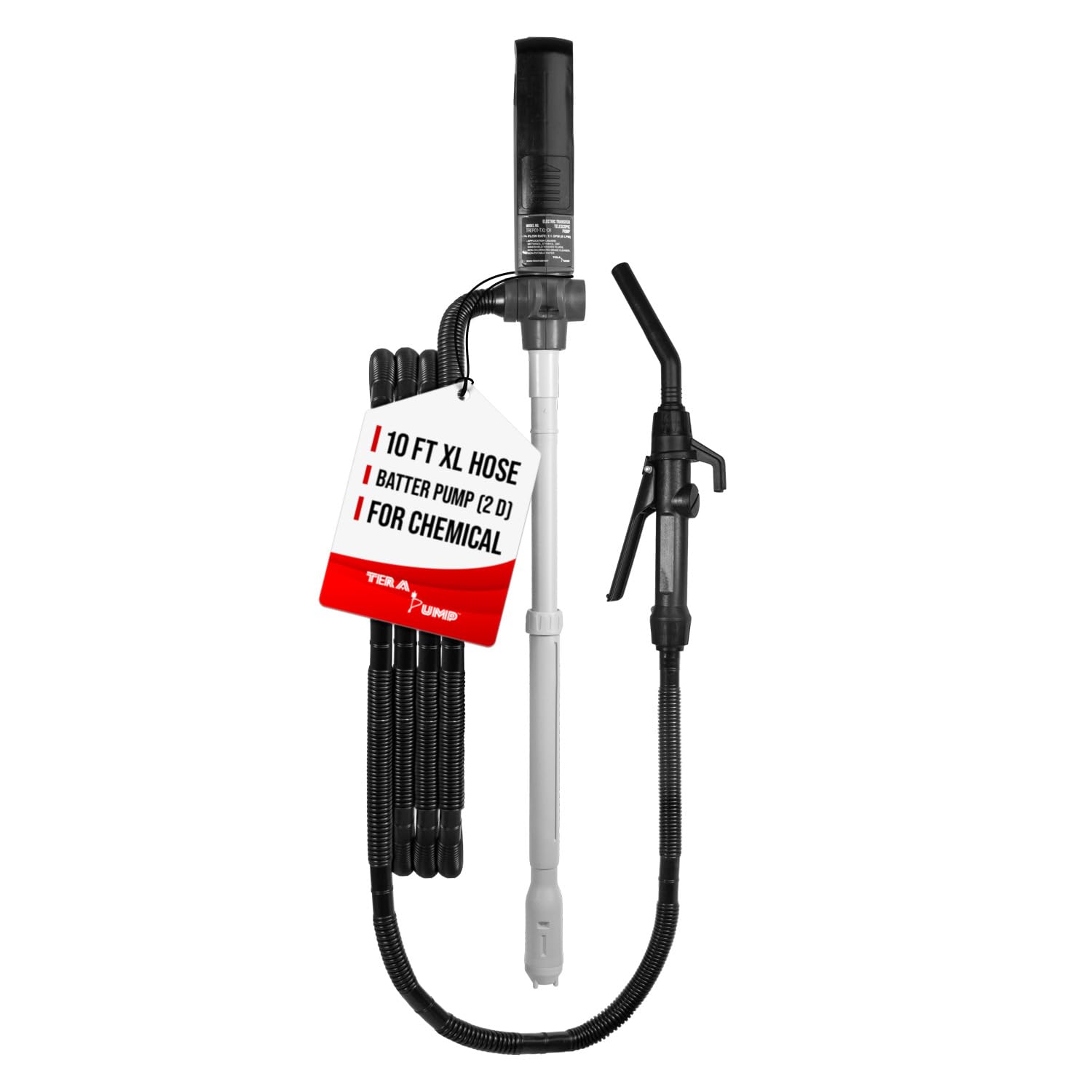 Tera Pump Portable Battery Powered Chemical Transfer Pump (2.1 Gal/Min) Liquid Transfer Pump With 10Ft Outtake Hose, Quick Stop