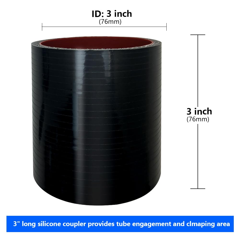 3.0' Id Straight Silicone Hose Coupler With 2 Ss304 Worm Clamps, High Temp 4-Ply Reinforced 5Mm Wall 3.0' Length(Qty 1) For Pipes Connecting…