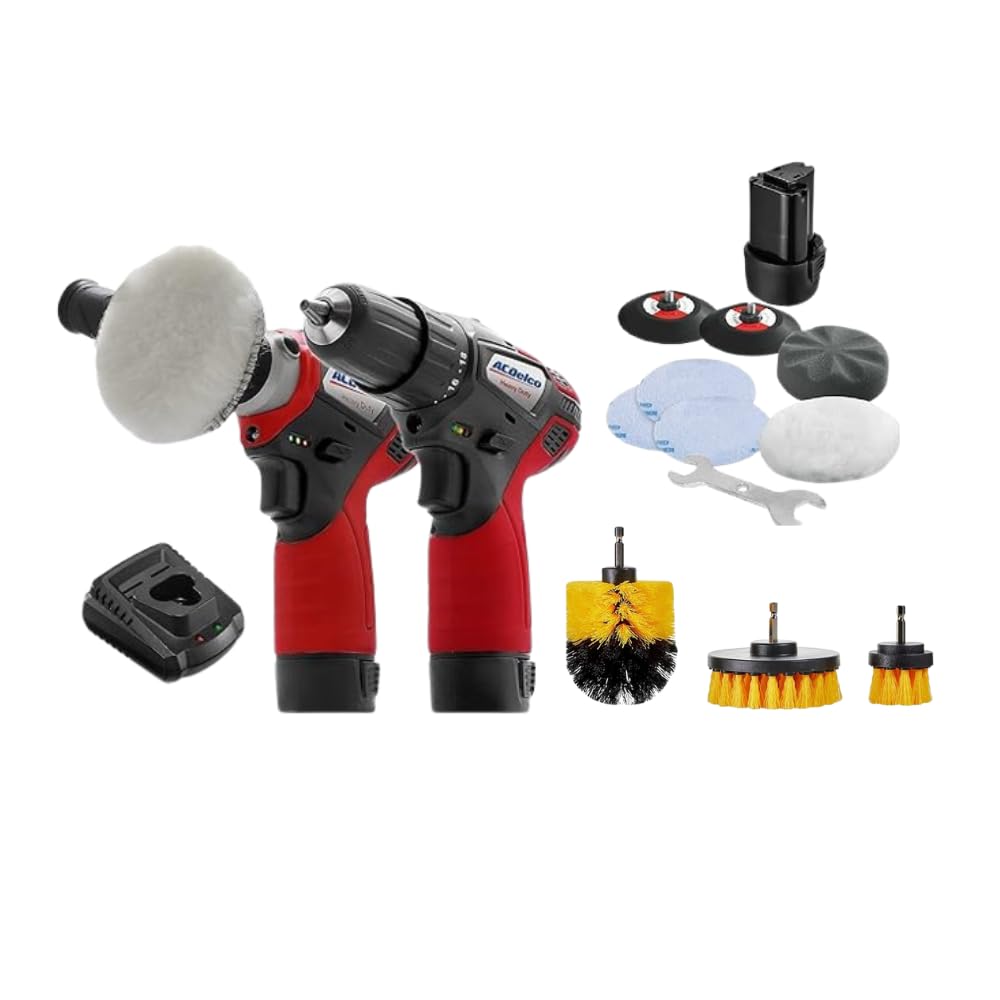 ACDelco Cordless Car Buffer Polisher kit, 2 x 12V Batteries, 2 Variable Speed & Accessory, Mini Polisher Tool Set, Drill Driver,