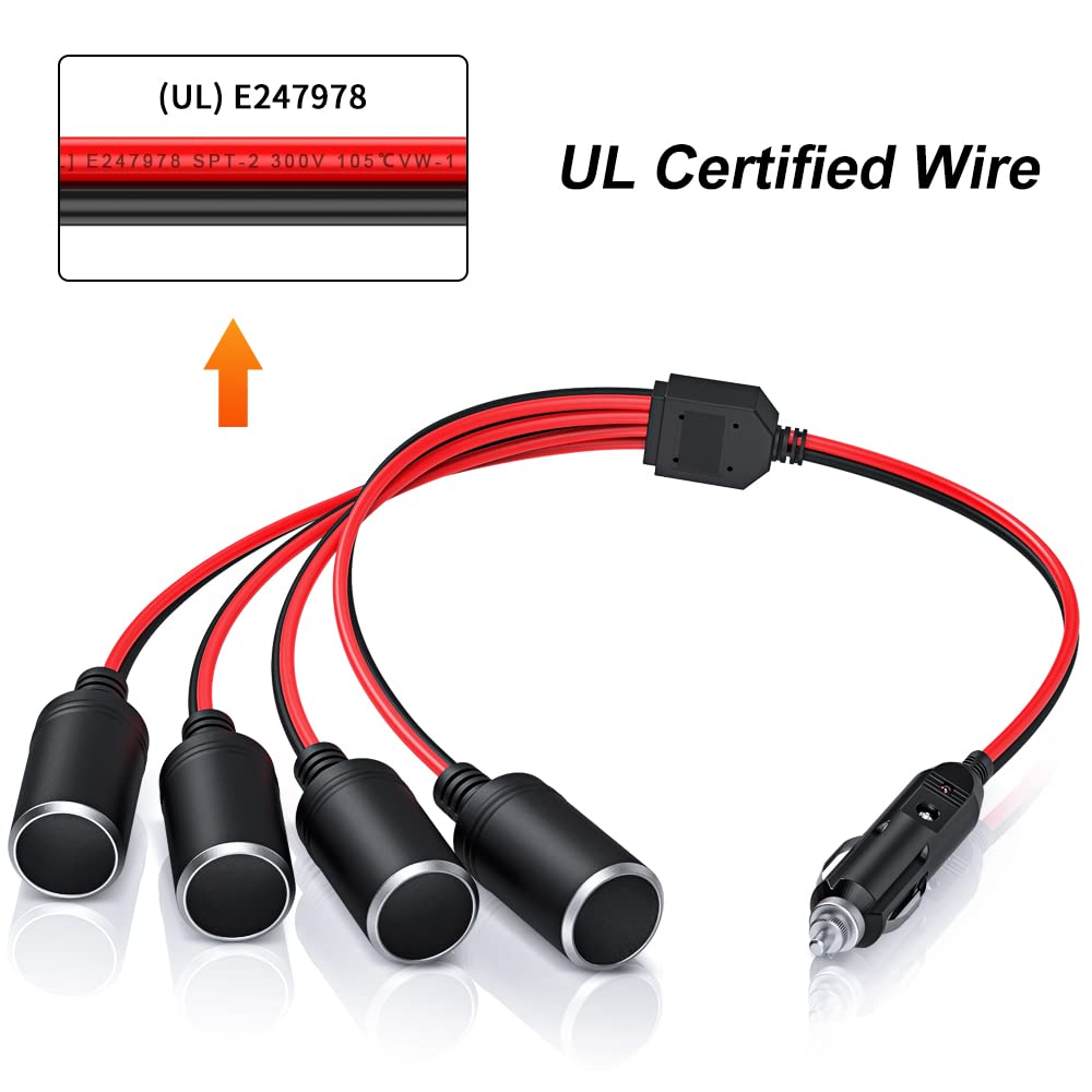 Electop 1 To 4 Car Cigarette Lighter Splitter Adapter Power Charger Port, 12V 24V Plug Socket Adapter 4-Way Splitter, 12 Inch Cigarette Lighter Extension Cord Cable 16Awg With 15A Fuse