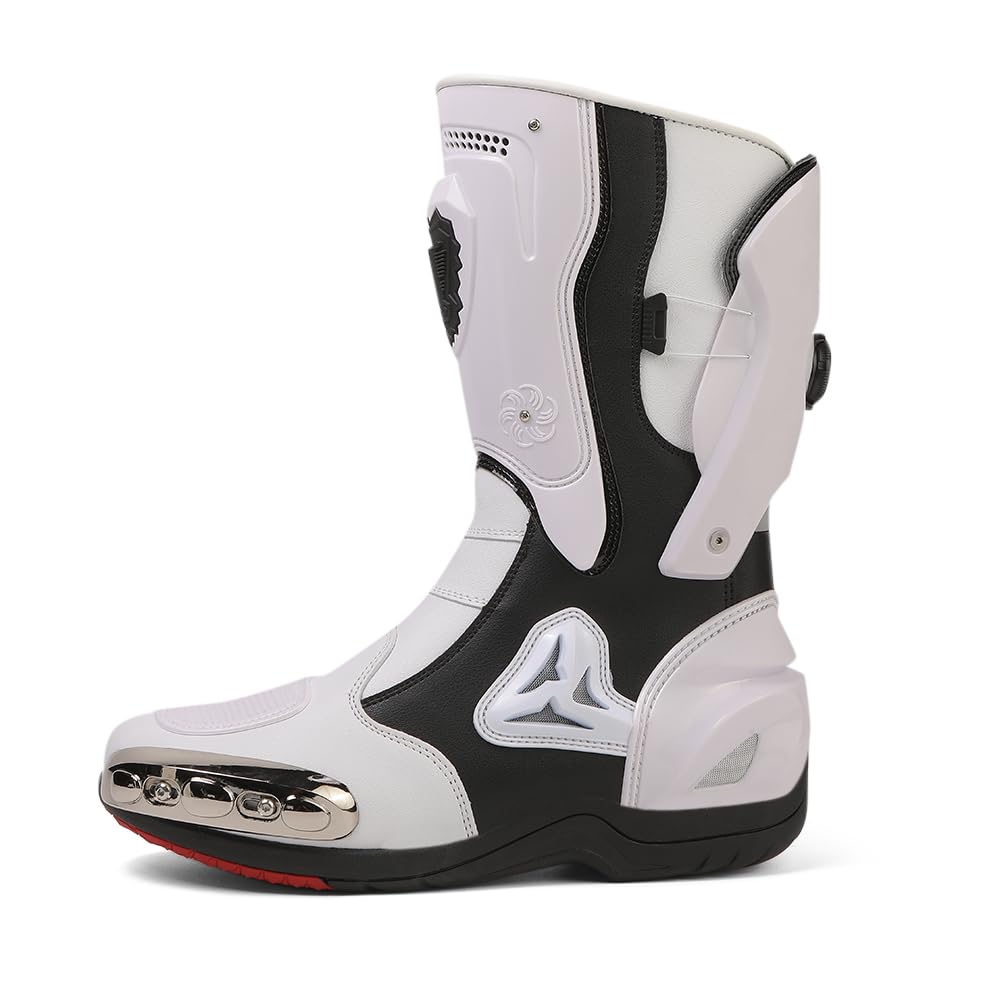 Zeozoom Motorcycle Riding Boots Motorcycle Leather Boots for Women and Men Protection Anti Slip Racing Sports (White, Adult, Men