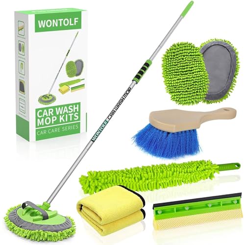 Wontolf 62'' Car Wash Brush With Long Handle Chenille Microfiber Car Wash Mop Mitt Wheel Brush Car Cleaning Kit Windshield Windo