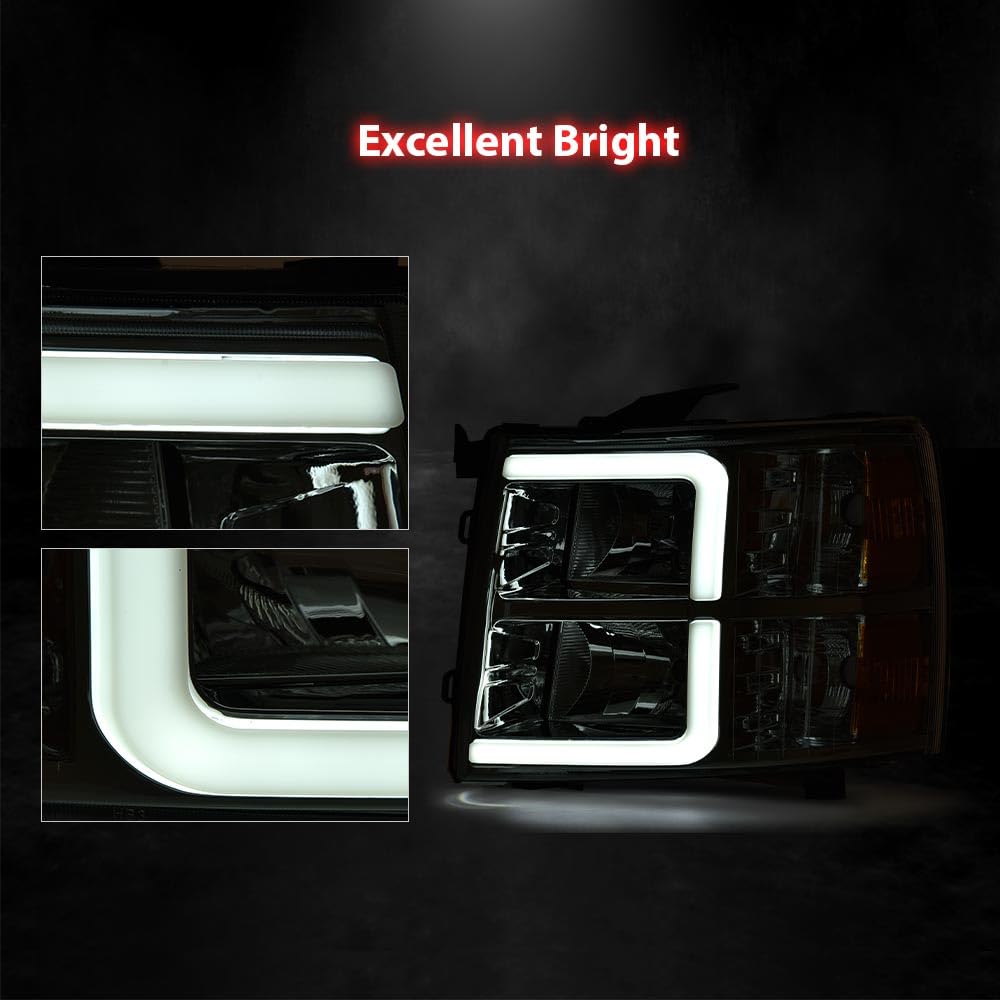 Pit66 Led Drl Tube Projector Headlights W/O Bulb Compatible With Chevy Silverado 1500 2007-2013/2500Hd 3500Hd 07-14(Not Fit 2007