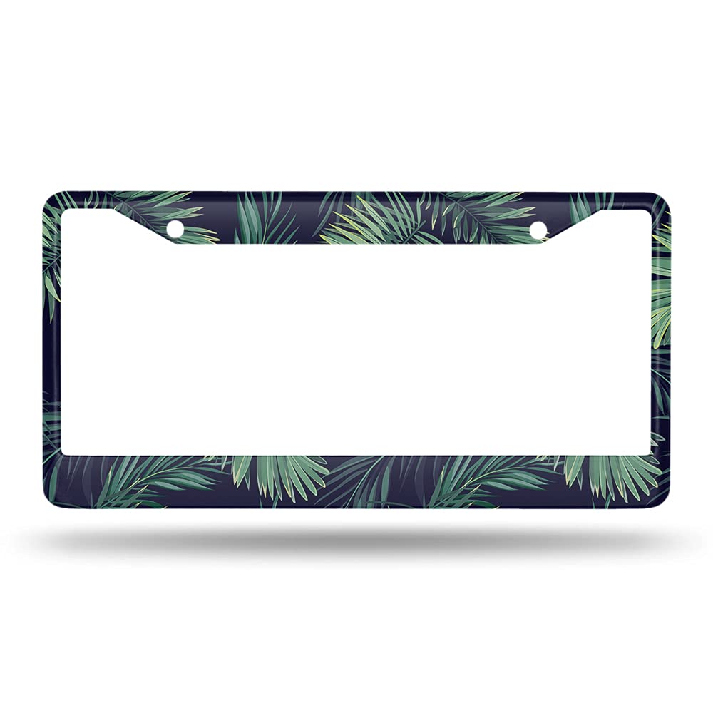 Beabes Dark Tropical Leaves License Plate Frame Auto Tag Frames Green Palm Tree License Plates Holder 2 Holes Leaf Hawaii Decorative Car Truck Motorcycle License Plates Cover Tag For Men Women