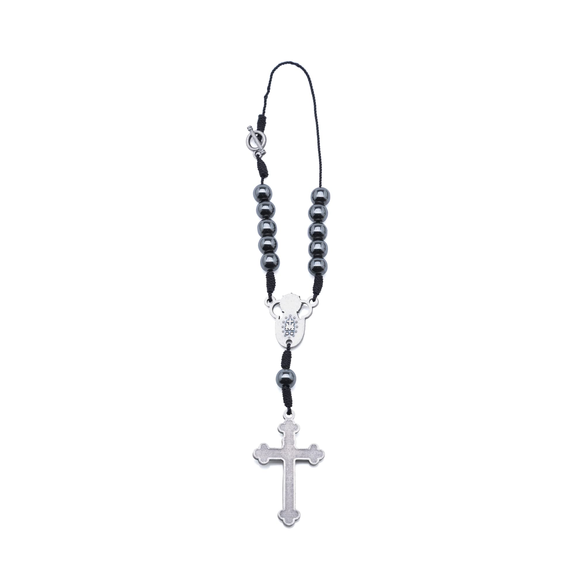 Intercession Hematite Car Rearview Mirror Rosary (St Benedict)