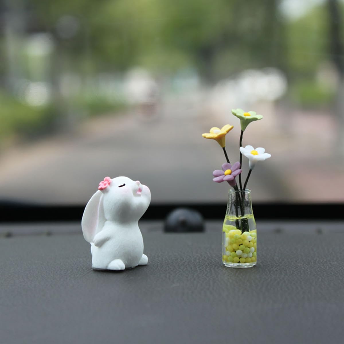 Generic Set Of 2 Cute Mini Bunny And Daisy Flower Vase Car Rearview Mirror Ornaments Funny Dashboard Decorations Kawaii Car Inte
