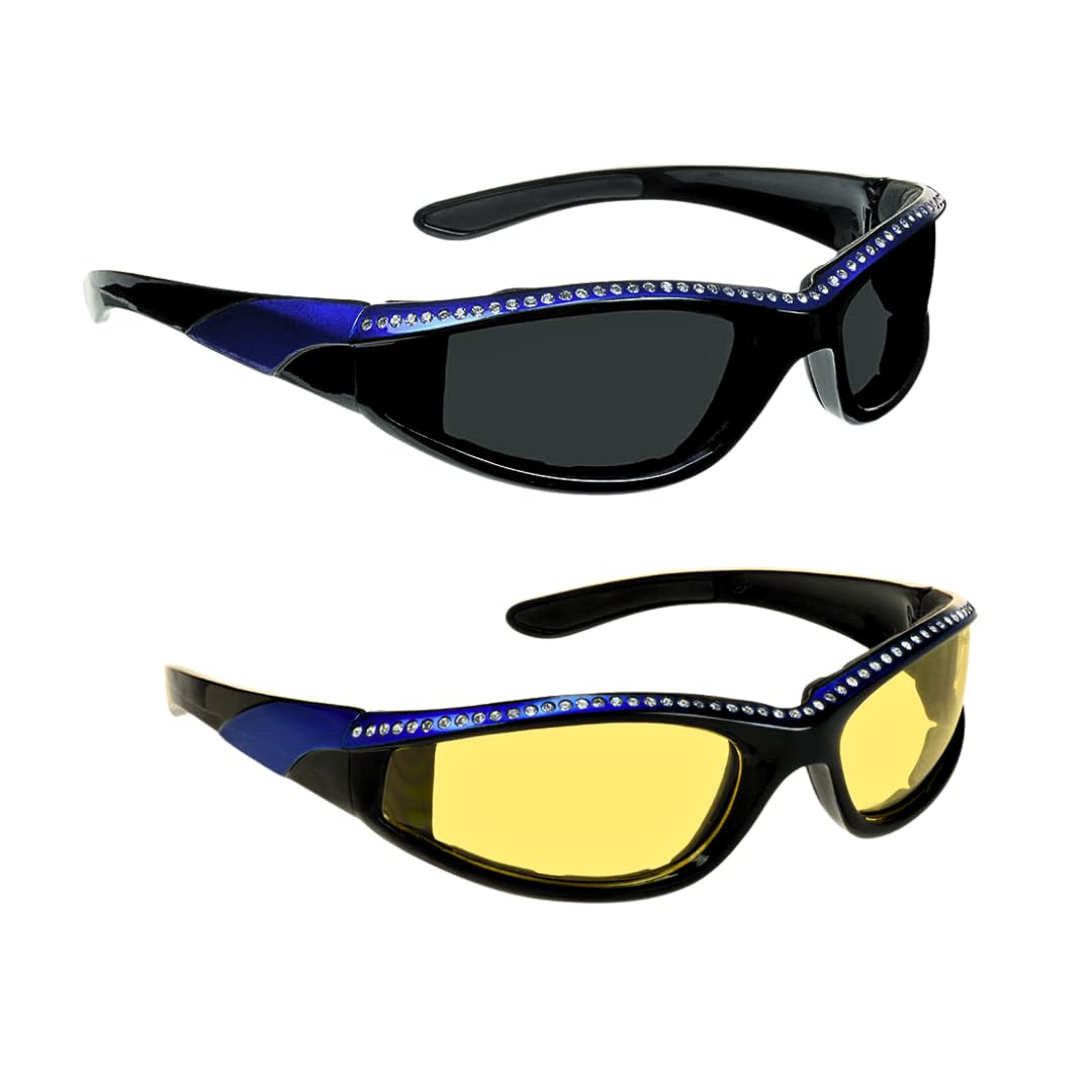 Bikershades Rhinestone Motorcycle Sunglasses Foam Padded For Women. (Smoke Pink + Yellow Pink Combo)