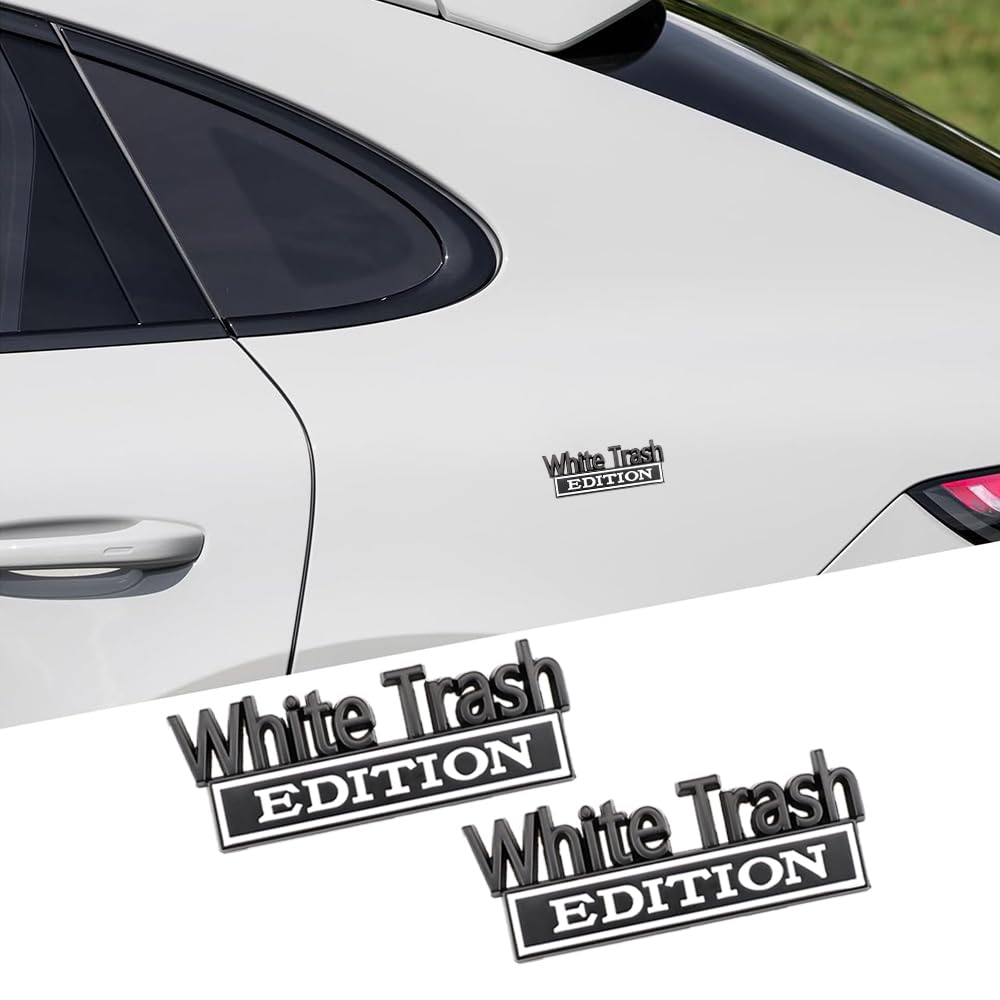 Carrun 2 Pcs White Trash Edition Emblem Car Side Rear Front Hood Trunk Door Fender Bumper Metal Badge 3D Decal Sticker Fit For F