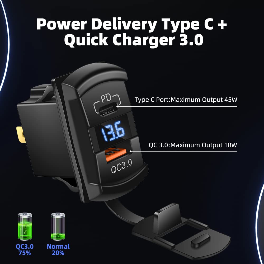 Cnaodun Usb Rocker Switch Usb C Charger Socket With Waterproof Cover Dual Pd And Qc3.0 12V/24V Blue Led Voltmeter For Rocker Typ