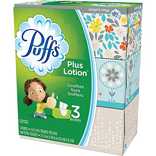 Puffs Puffs Plus Lotion Facial Tissues, 3 Family Boxes, 116 Tissues Per Box, 348 Count,116 Count (Pack Of 3)
