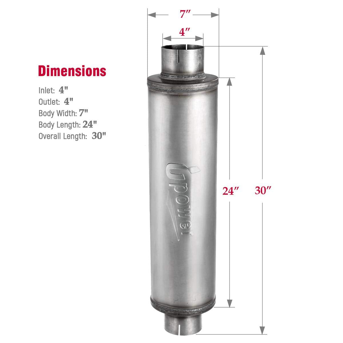 Upower 4' Inlet Diesel Exhaust Muffler 7' X 24' Body 30' Whole Length Xs2772 - Straight Through Stainless Steel Welded On Resonator Muffler
