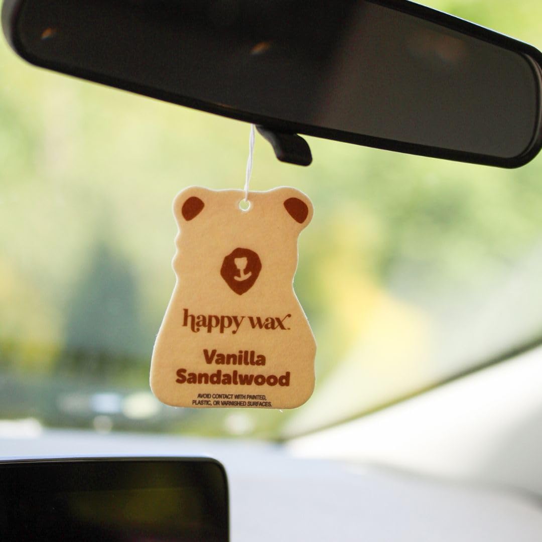 Happy Wax Vanilla Sandalwood Hanging Car Cub Air Freshener - Scented And Infused With Natural Essential Oils - Cute 4-Pack