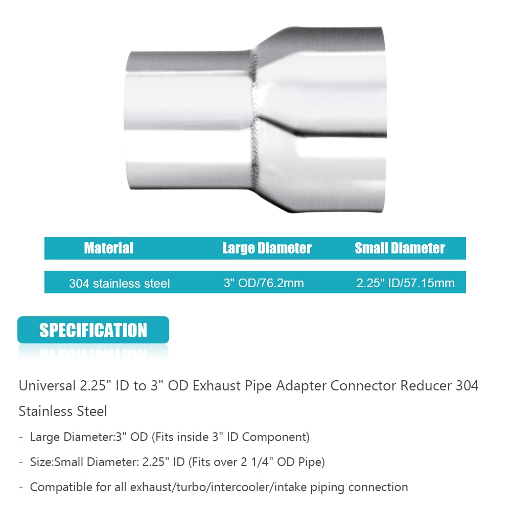 2 Pcs Universal 2.25' Id To 3' Od Exhaust Pipe Adapter Connector Reducer 304 Stainless Steel 2.25 Inch To 3.0 Inch 2 1/4” Id To 3.0” Od Kit