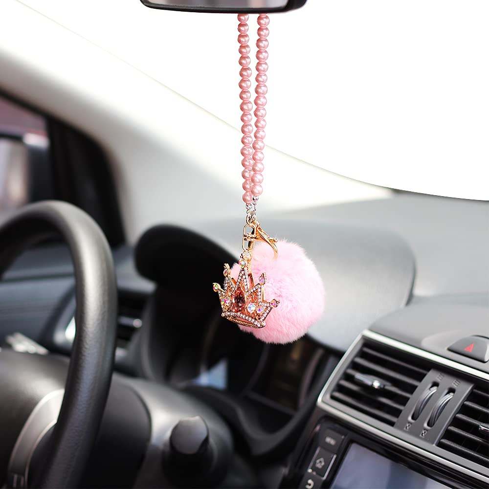 Car Mirror Hanging Accessories, Mini-Factory Rearview Mirror Hanging Bling Decoration Fluffy Luxury Diamond Crown with Pearl Cha