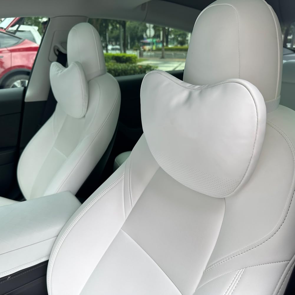 Tesbeauty Nappa Leather Seat Headrest Pillow 2 Packs For Tesla Neck Pillow Uniquely Designed For Tesla Model X/Sy/3 Higher Versi