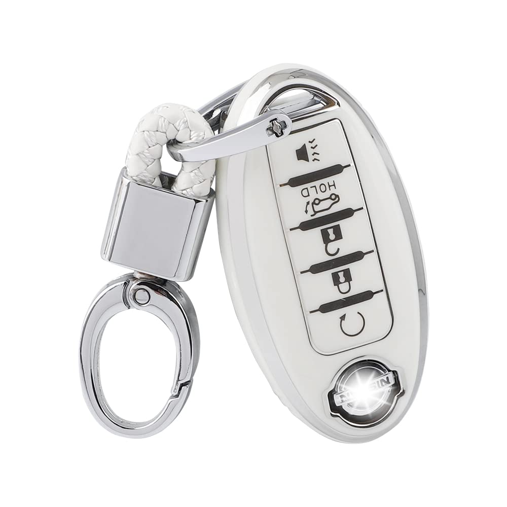 1797 For Nissan Key Fob Cover Accessories Altima Rogue Sentra Pathfinder Maxima Titan Murano Car Remote Key Chain Case Shell Protector Girly Cute 5 Button White Silver Tpu