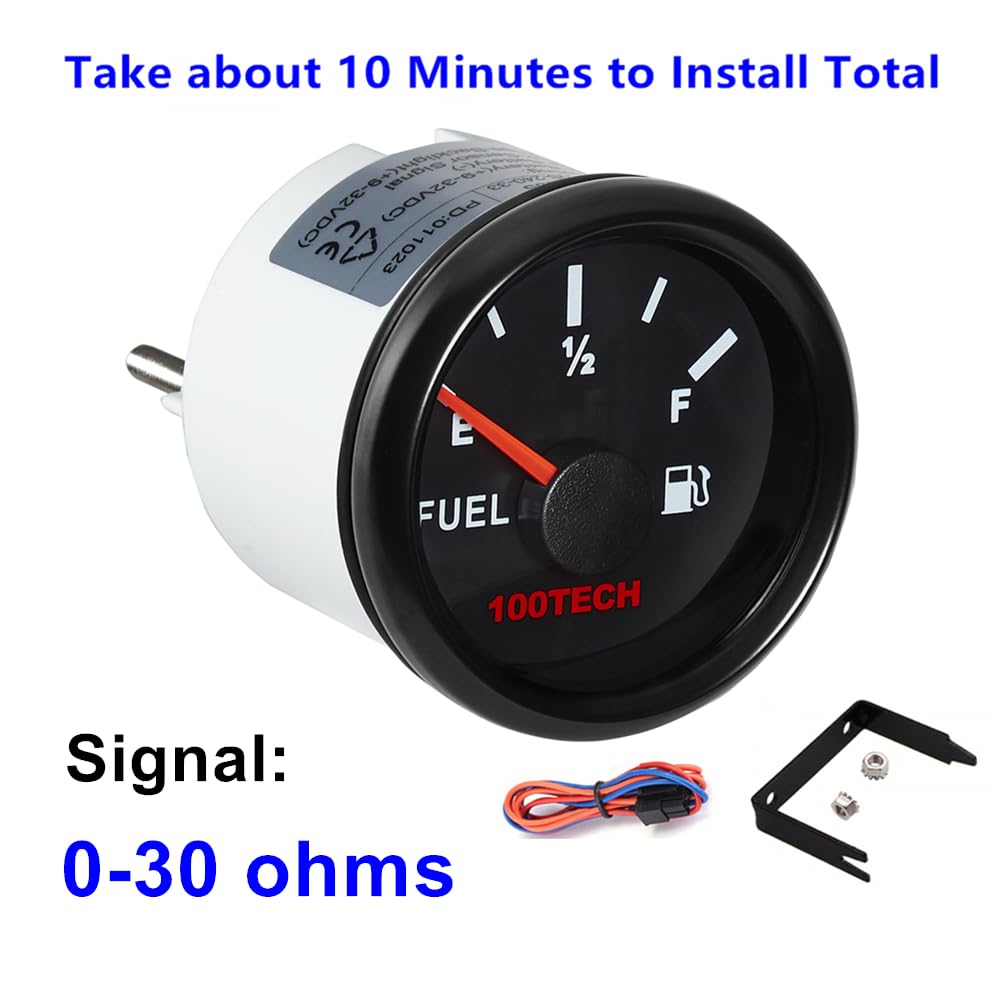 100Tech Marine Fuel Gauge 0-30 Ohms Boat Fuel Gauge For Boat Car Truck Yacht Suv Waterproof 52Mm 2-1/16'' Diesel Aftermarket Gau